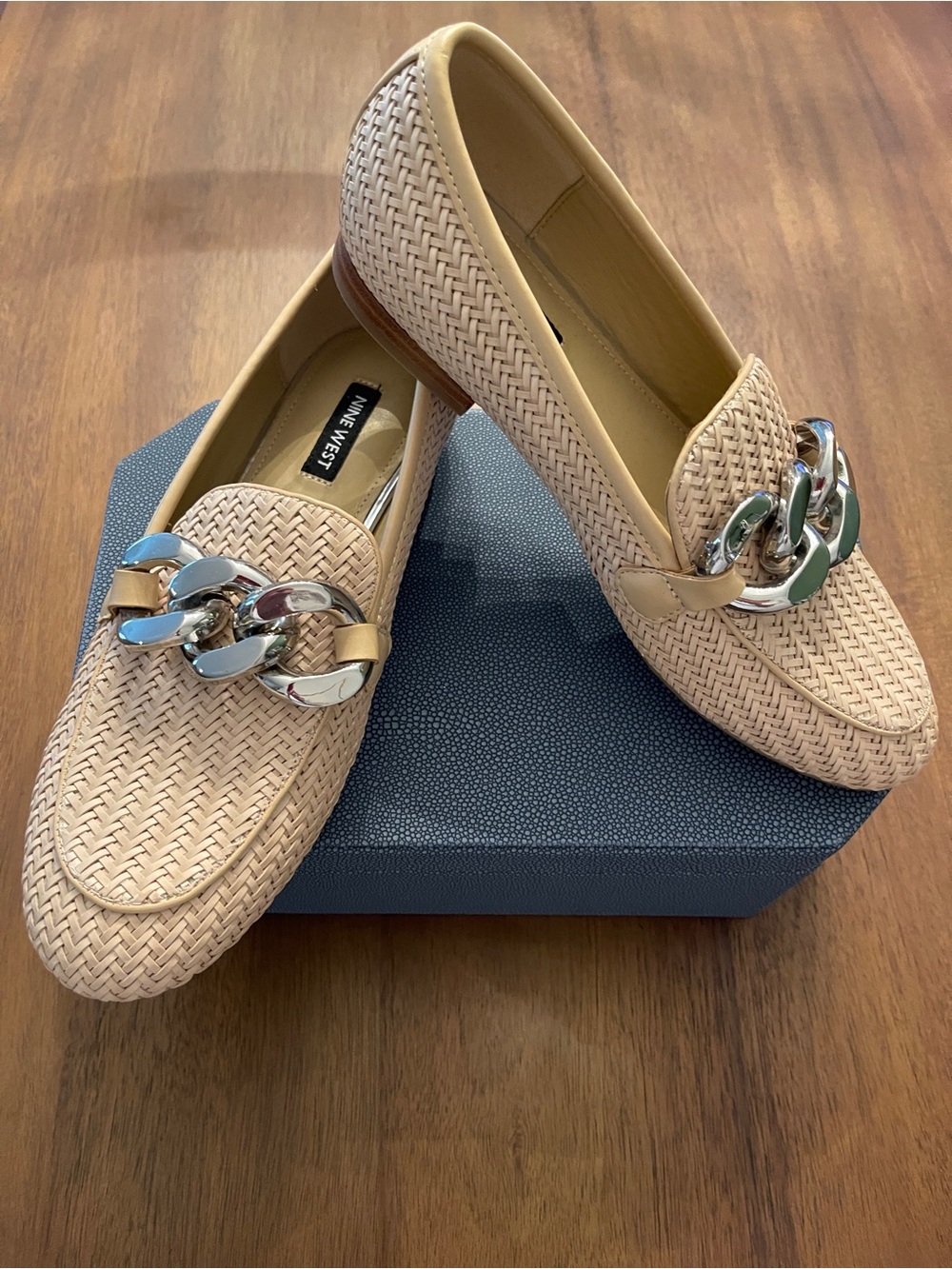 Nine West Beige Woven Loafers with Silver Chain Accent